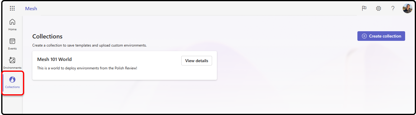 Captura de pantalla de Mesh en la web en la que se muestra el botón de colección resaltado.