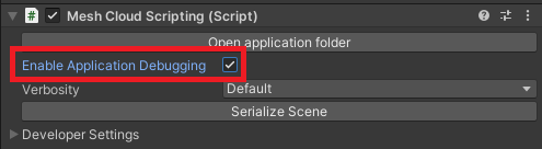 Captura de pantalla del componente Mesh Cloud Scripting con la propiedad Enable Application Debugging (Habilitar depuración de aplicaciones) seleccionada y resaltada.