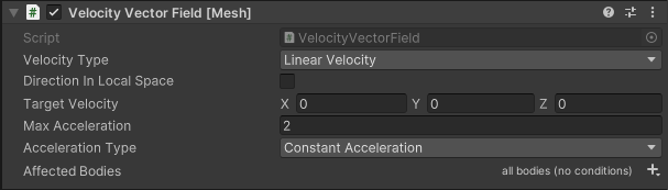 Captura de pantalla de las opciones de script Campo de velocidad direccional en inspector.