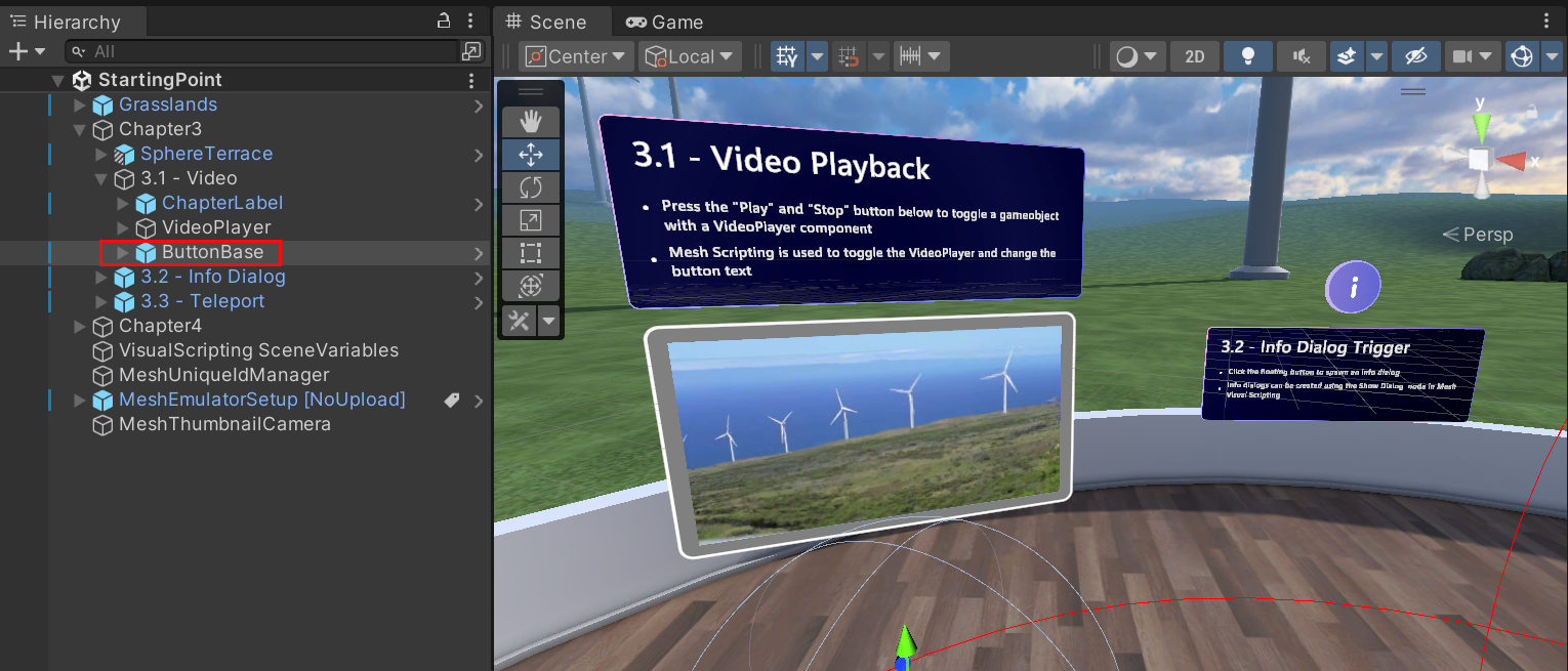 Captura de pantalla de Buttonbase arrastrada a la jerarquía y agregada a GameObject denominada 3.1 - Vídeo