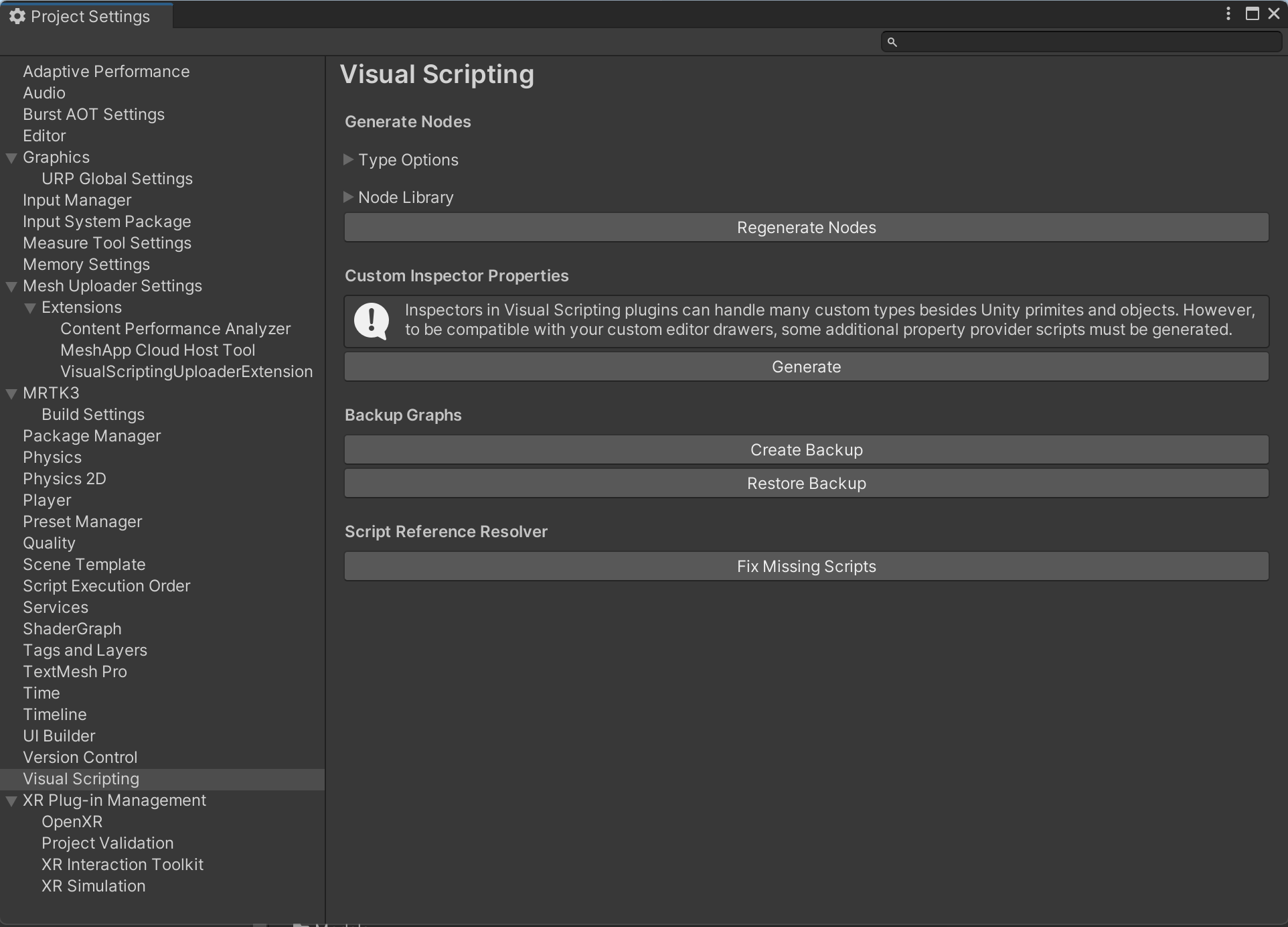 Captura de pantalla de la página Scripting visual en Unity.