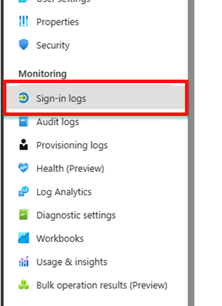 Captura de pantalla de Azure Portal que muestra los registros de inicio de sesión resaltados.