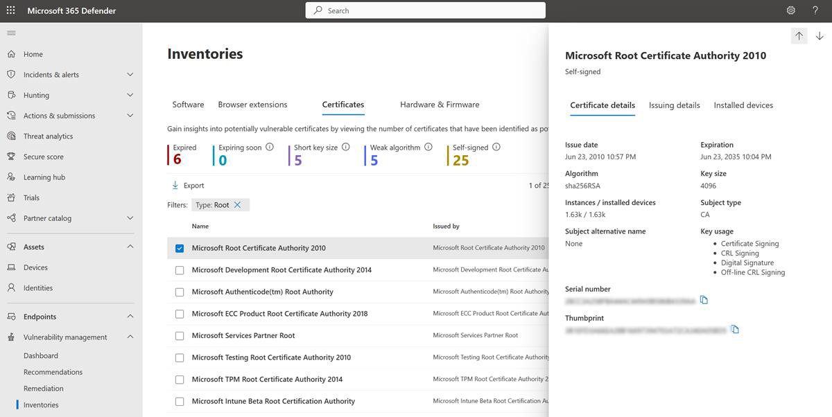 Página inventarios de Microsoft Defender.