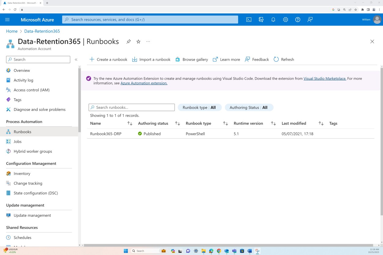 Configuración de retención de datos de Azure.