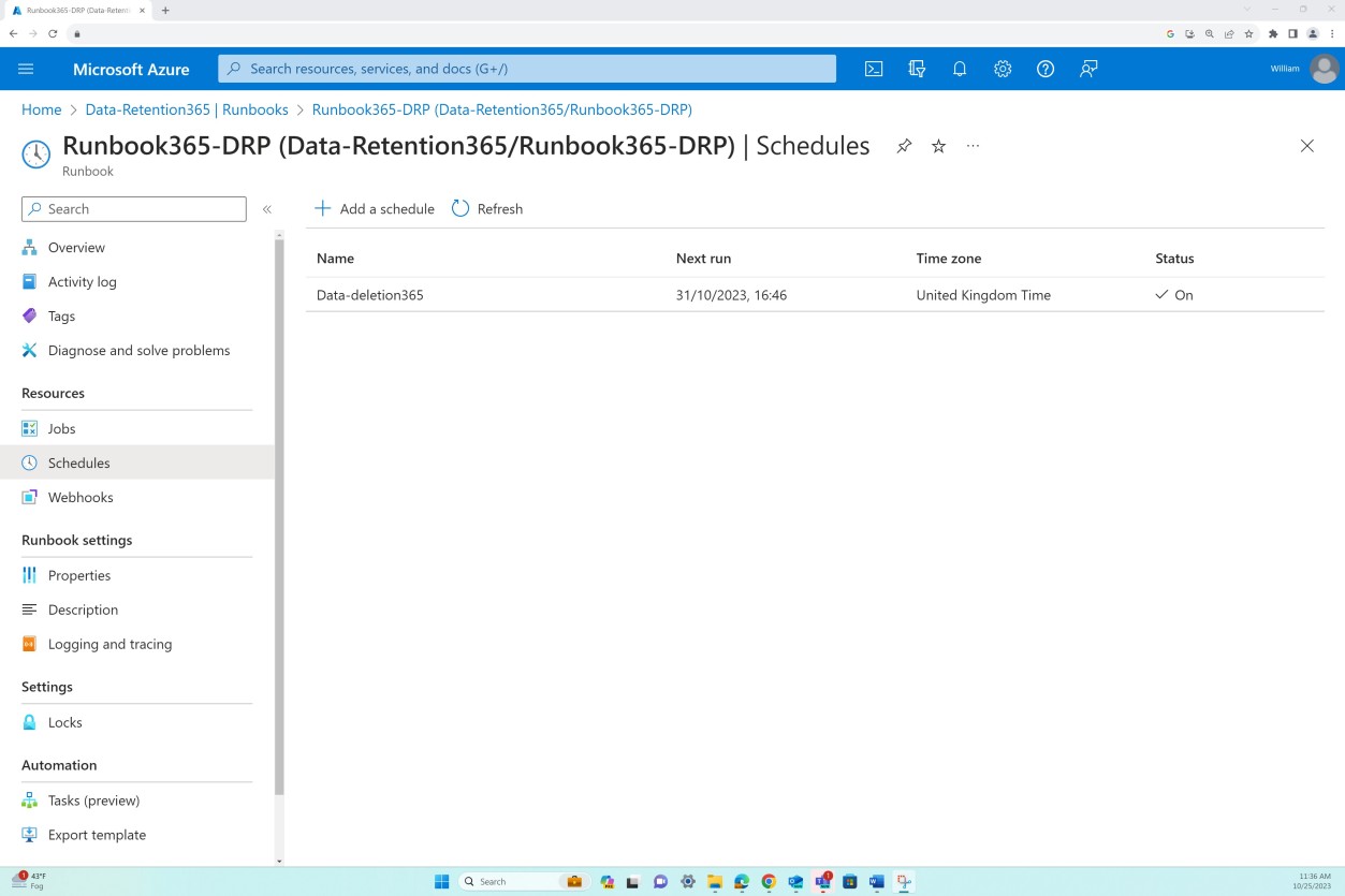 Configuración de retención de datos de Azure.