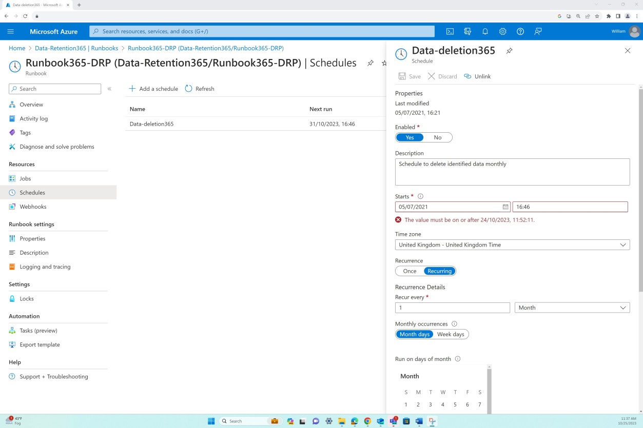 Configuración de retención de datos de Azure.