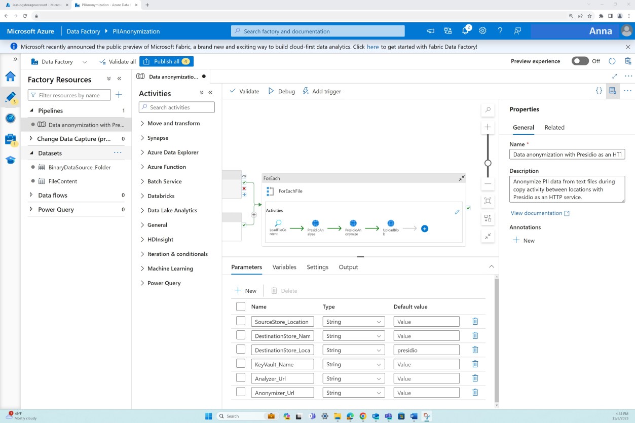 Panel de Azure Data Factory.