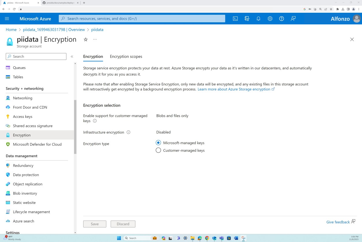 Página de administración de Azure Encryption.