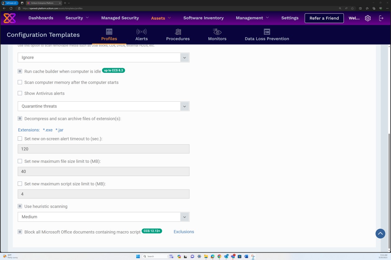 Captura de pantalla de la configuración del examen antivirus.