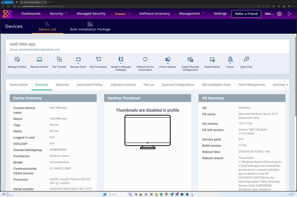 Resumen del dispositivo OpenEDR.