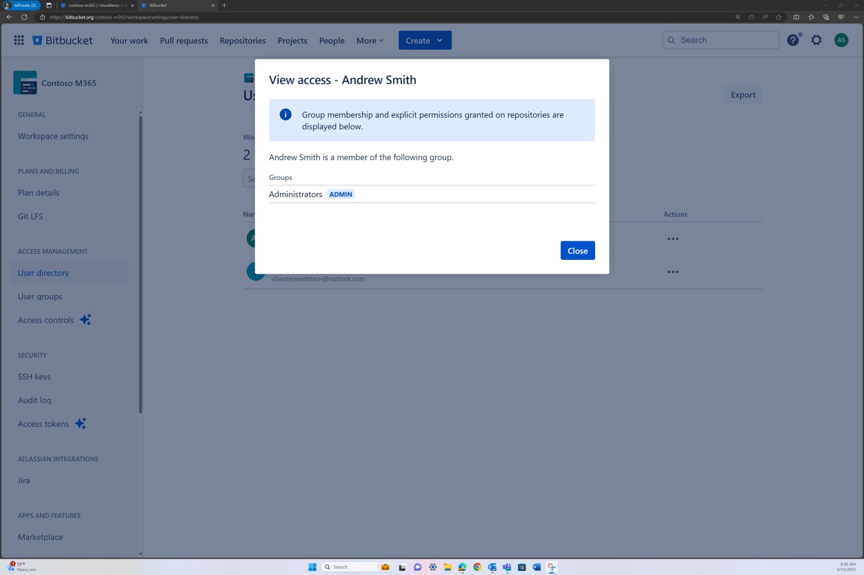 Configuración de grupos de usuarios de Bitbucket.