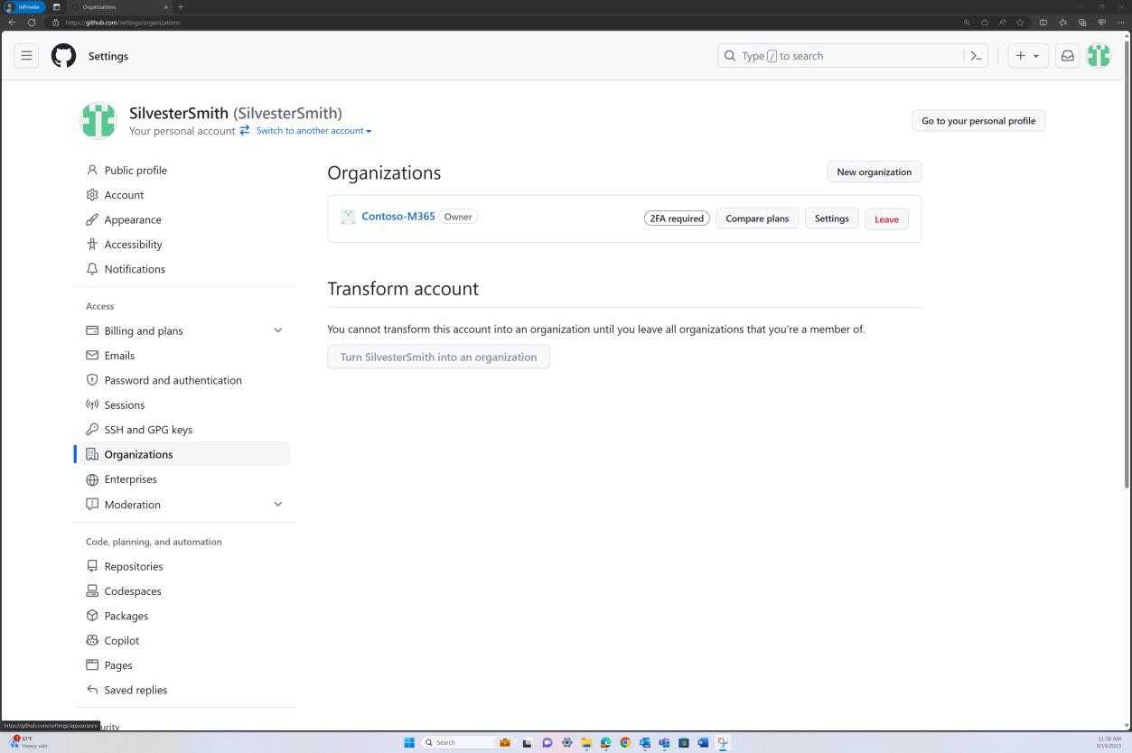 Configuración de la organización de GitHub.