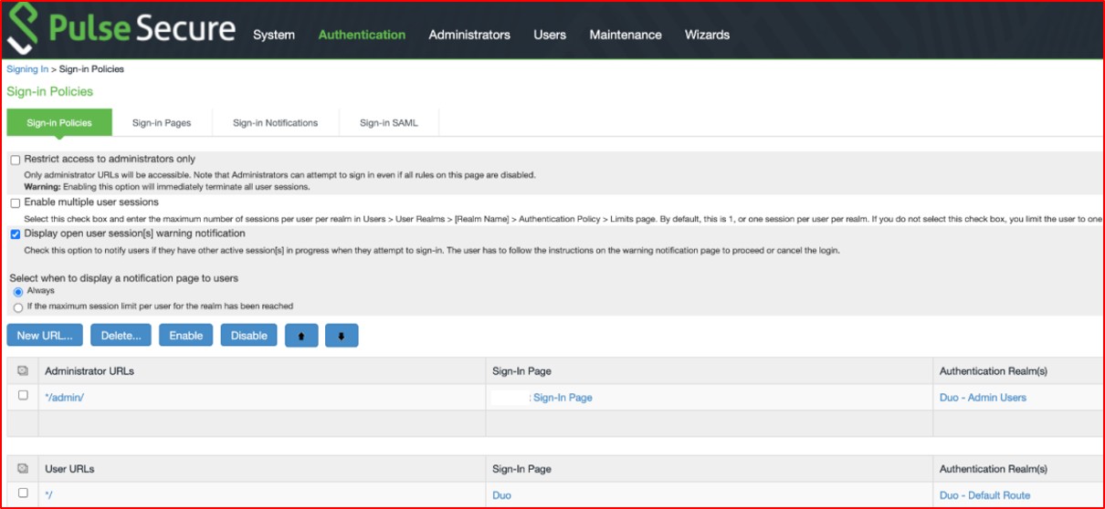 Página de configuración de directivas de inicio de sesión de PulseSecure.