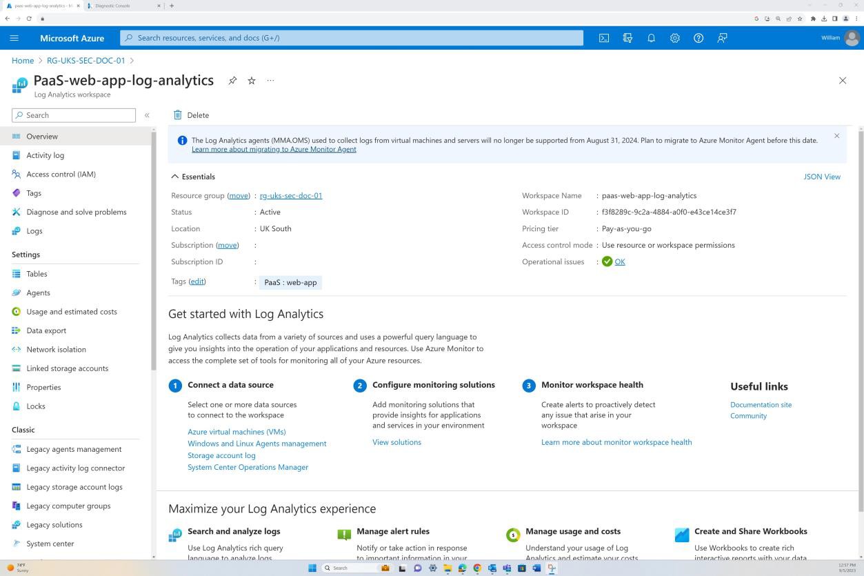 Página de información general del área de trabajo de Microsoft Azure Log Analytics.