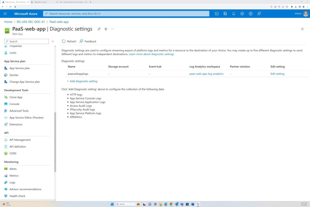 Configuración de diagnóstico de aplicaciones de Microsoft Azure.