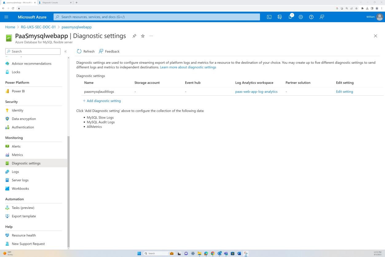 Configuración de diagnóstico de aplicaciones de Microsoft Azure.