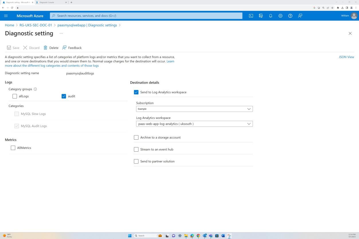 Configuración de diagnóstico de aplicaciones de Microsoft Azure.