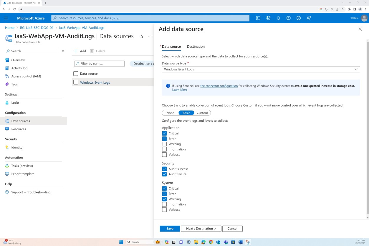 Página de configuración de orígenes de datos de Microsoft Azure.