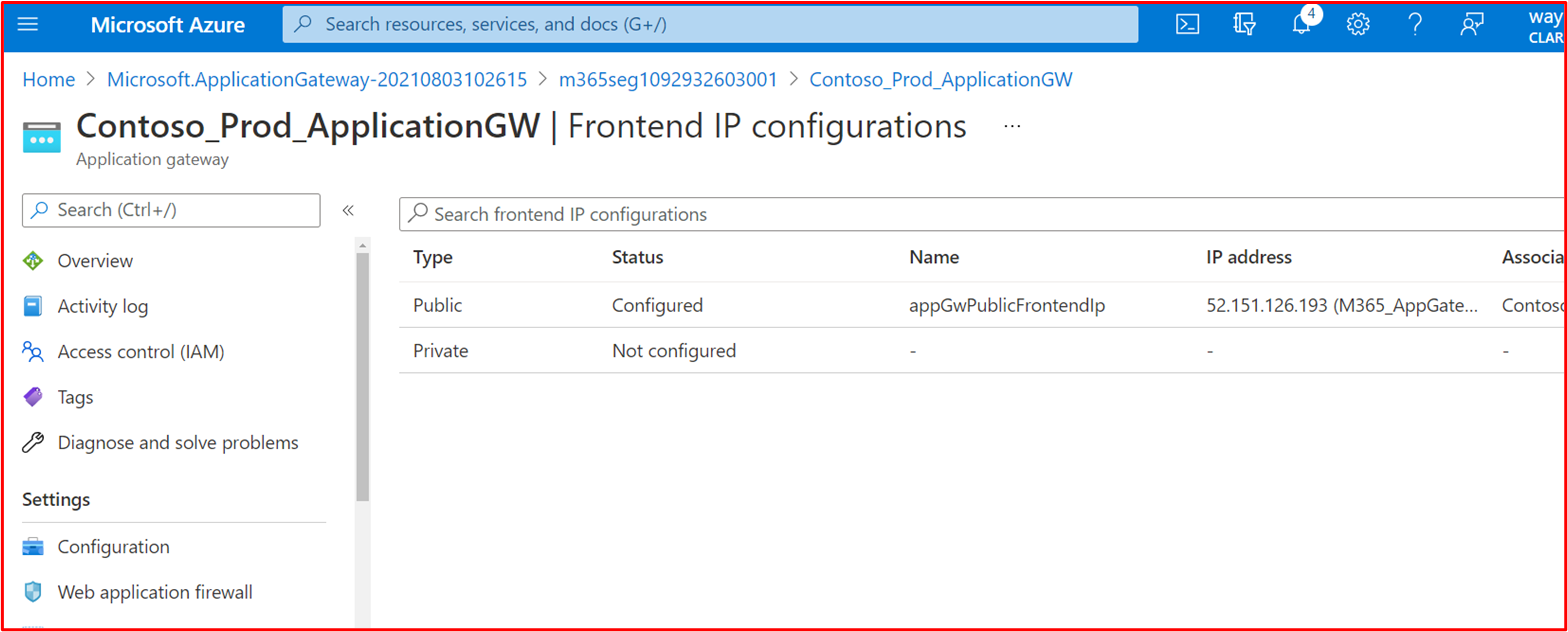 captura de pantalla que muestra la configuración de IP de front-end