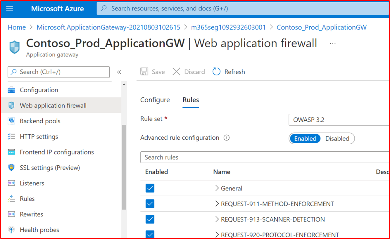 Captura de pantalla que muestra que la directiva WAF de Azure Application Gateway de producción de Contoso está configurada para examinar en el conjunto de reglas principal de OWASP versión 3.2.