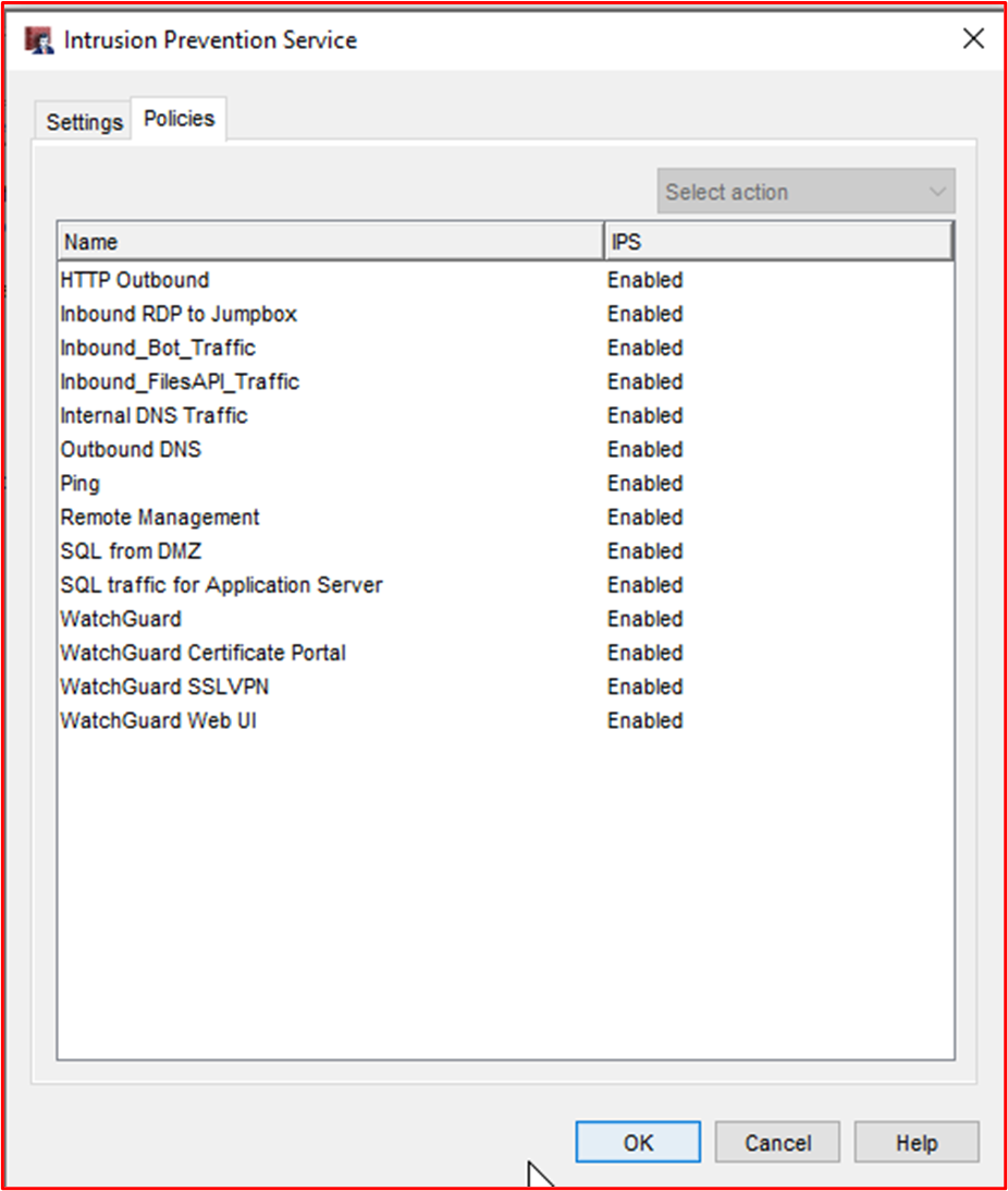 Muestra que IDPS está configurado en todas las reglas del Firewall de WatchGuard.