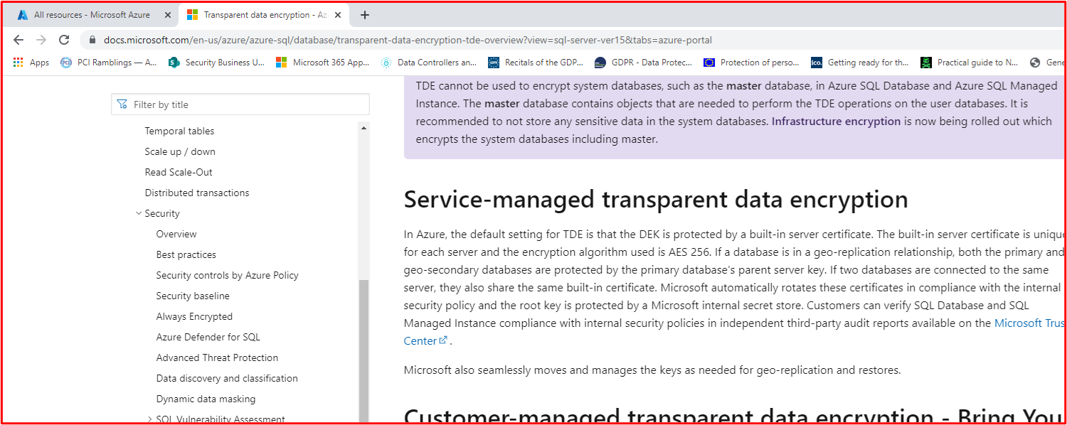 captura de pantalla que muestra que se usa el cifrado AES 256 para Azure TDE