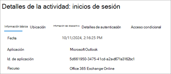 Captura de pantalla de la ventana Detalles de la actividad: Inicios de sesión que muestra las entradas de Identificador de aplicación y aplicación.