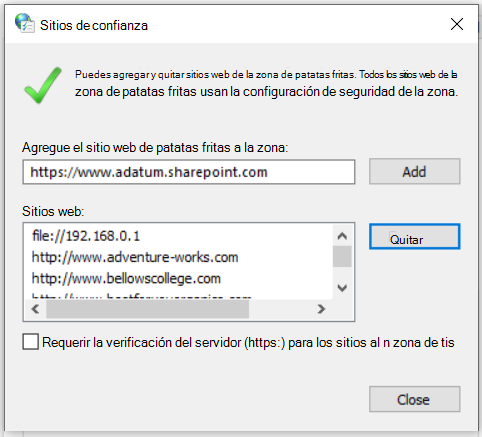 Captura de pantalla del cuadro de diálogo Sitios de confianza que muestra la opción de agregar o quitar sitios web y administrar la configuración de seguridad de los sitios de confianza.