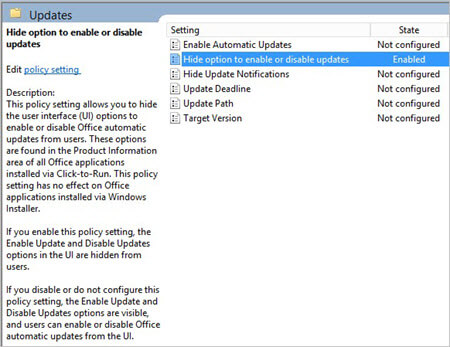 Captura de pantalla de la configuración de directiva de grupo para administrar las actualizaciones de Office, en la que se muestran varias opciones con la opción 