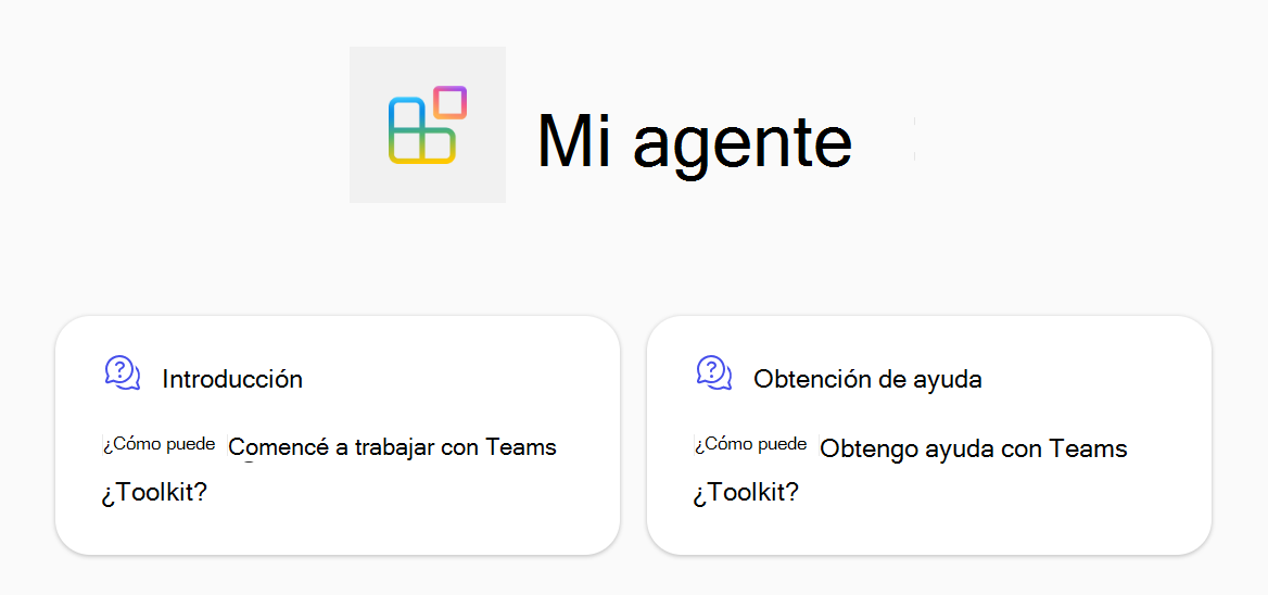 Captura de pantalla que muestra los inicios de conversación del agente declarativo en Microsoft 365 Copilot