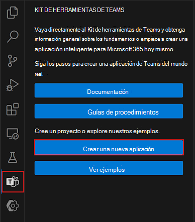 Captura de pantalla del botón Crear una nueva aplicación en la barra lateral del kit de herramientas de Teams