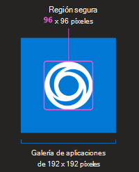 Imagen de ejemplo de un icono de color de aplicación, que muestra 192 x 192 píxeles como tamaño total del icono con fondo incluido, con un espacio central de 96 x 96 píxeles que muestra la 