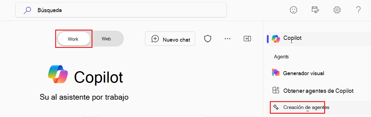 Punto de entrada del generador de agentes en Microsoft 365 Copilot