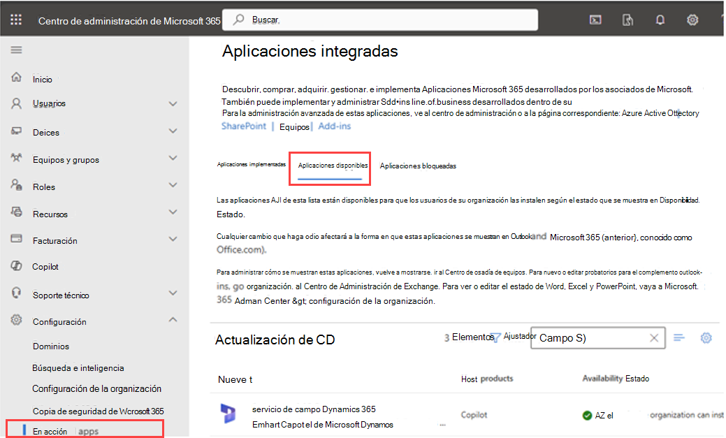 Captura de pantalla que muestra Microsoft Dynamics 365 Field Service como una aplicación integrada disponible en Centro de administración de Microsoft 365.