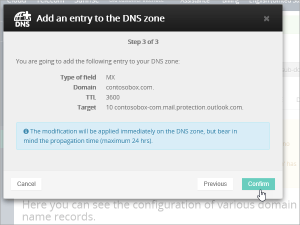 Registro MX de OVH seleccione Confirmar.