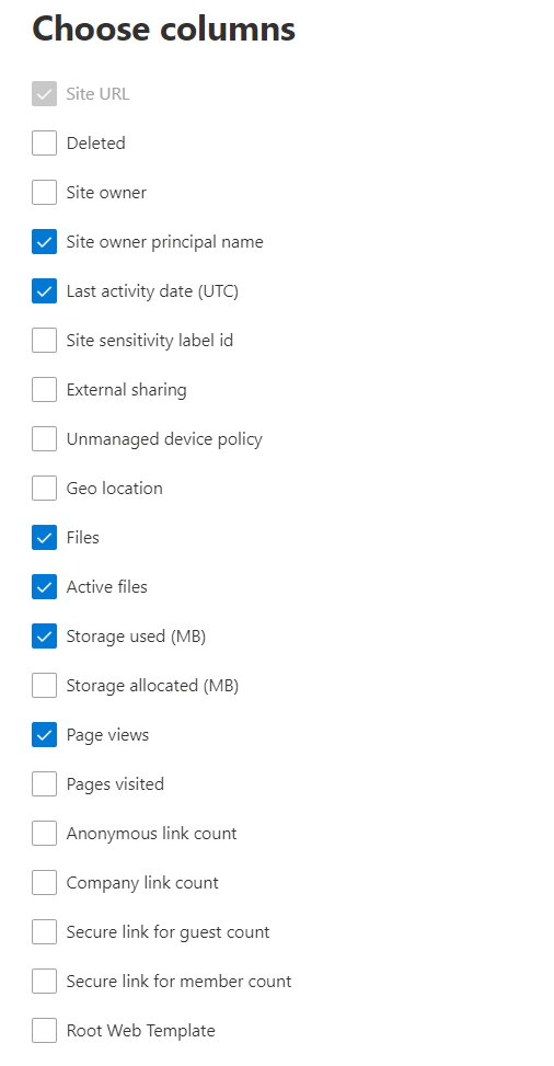 Informe de uso del sitio de SharePoint: elija columnas.