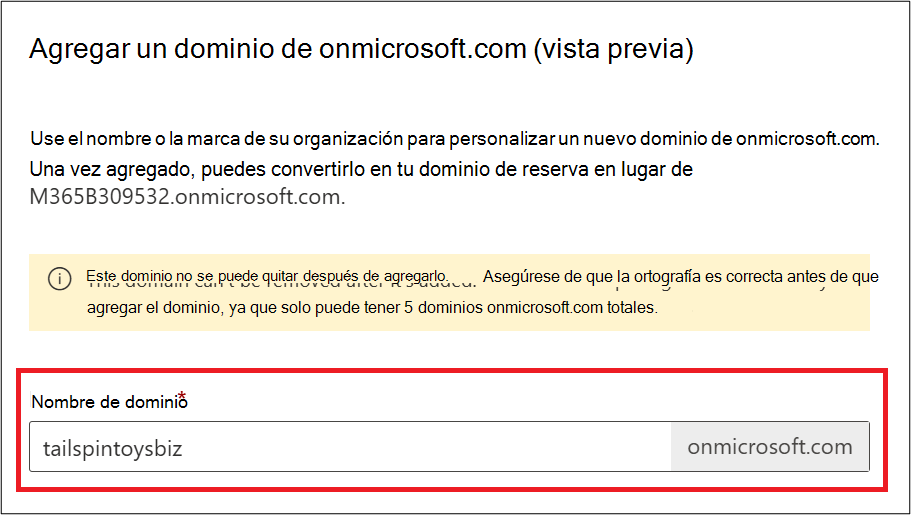 Captura de pantalla de la página Agregar dominio de Onmicrosoft.