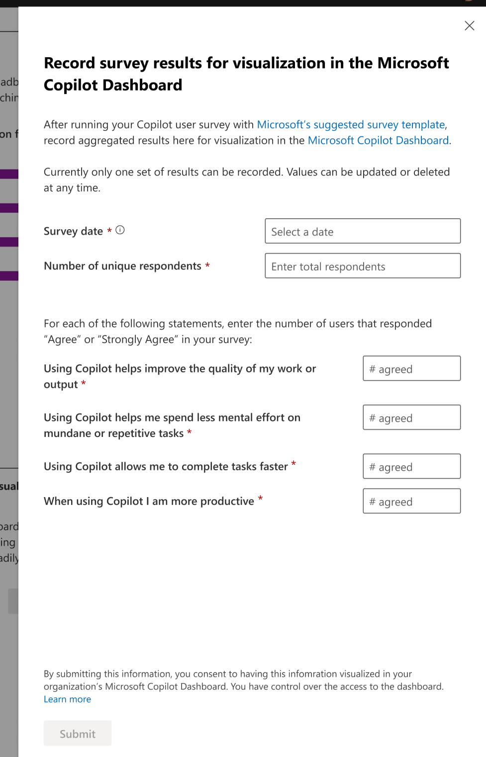 Captura de pantalla que muestra el panel emergente para los resultados de la encuesta de opinión de Copilot