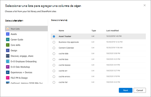 Captura de pantalla de la página Seleccionar una lista para agregar una columna de origen que muestra listas.