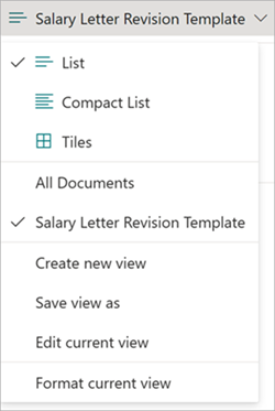 Captura de pantalla del menú Vistas de la biblioteca de documentos con la plantilla seleccionada como vista predeterminada.