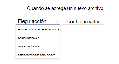 Captura de pantalla de la página de instrucción de regla que muestra la opción elegir acción resaltada.