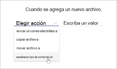 Captura de pantalla de la página de instrucción de regla que muestra la opción elegir acción resaltada.