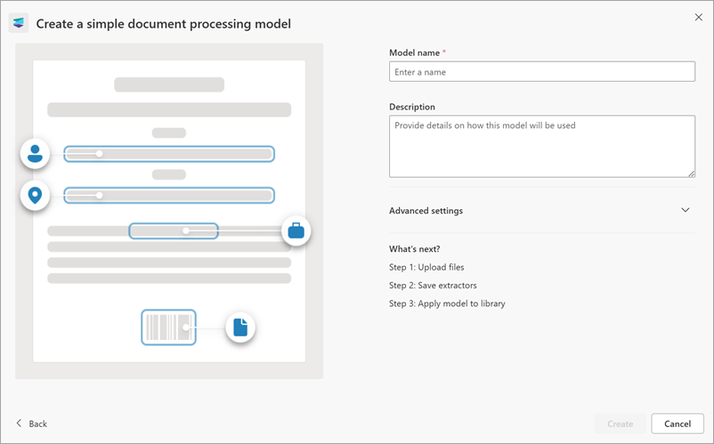 Captura de pantalla del panel derecho de la página Crear un modelo de procesamiento de documentos simple.