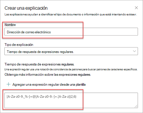 Captura de pantalla que muestra el panel Crear una explicación con la plantilla de dirección de correo electrónico aplicada.