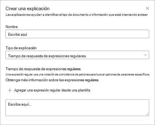 Captura de pantalla que muestra el panel Crear una explicación con la expresión regular seleccionada.