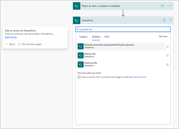 Captura de pantalla de la pestaña Acciones del conector de SharePoint que muestra la acción Generar documento mediante Syntex.