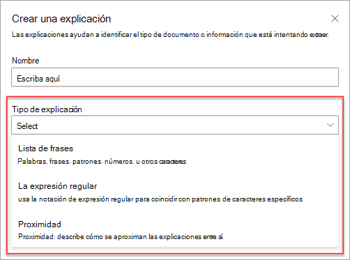 Captura de pantalla del panel Crear una explicación que muestra los tres tipos de explicación.