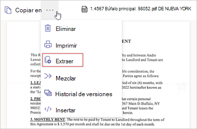 Captura de pantalla de un menú Más opciones que muestra la opción Extraer.