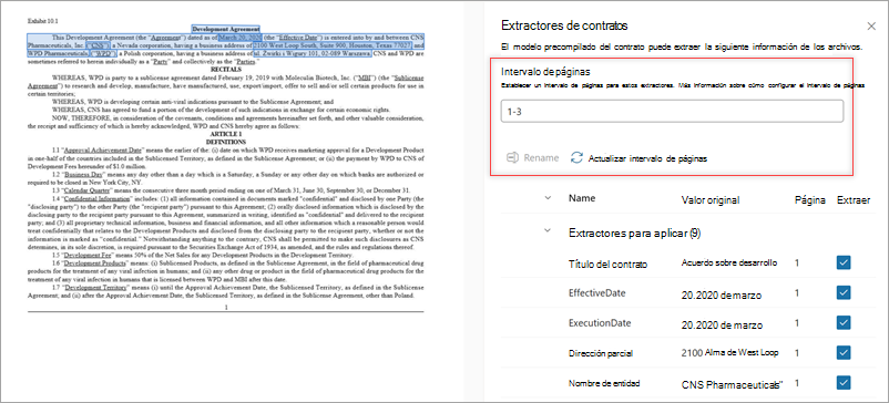Captura de pantalla del panel Extractores que muestra la opción Intervalo de páginas.