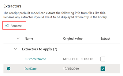 Captura de pantalla del panel Extractores que muestra cómo cambiar el nombre de un extractor.